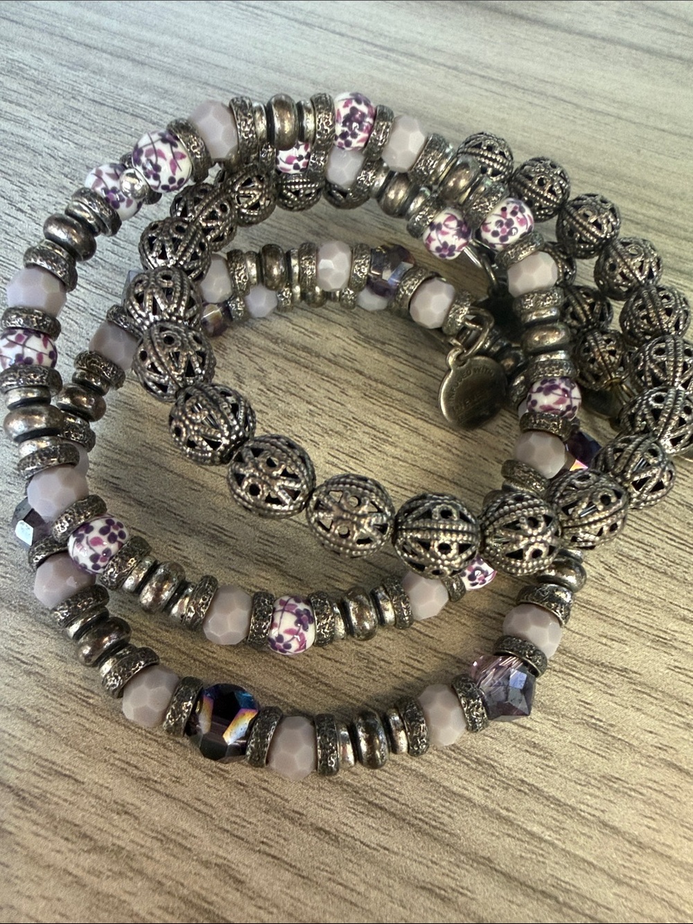 Alex and Ani Silver-Tone Multi-Strand Bracelet with Purple Floral Beads